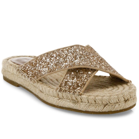 Joie Ianna Glitter Suede Espadrille Slide Sandals Gold Slip on Flat Mules 37.5 - Picture 1 of 11